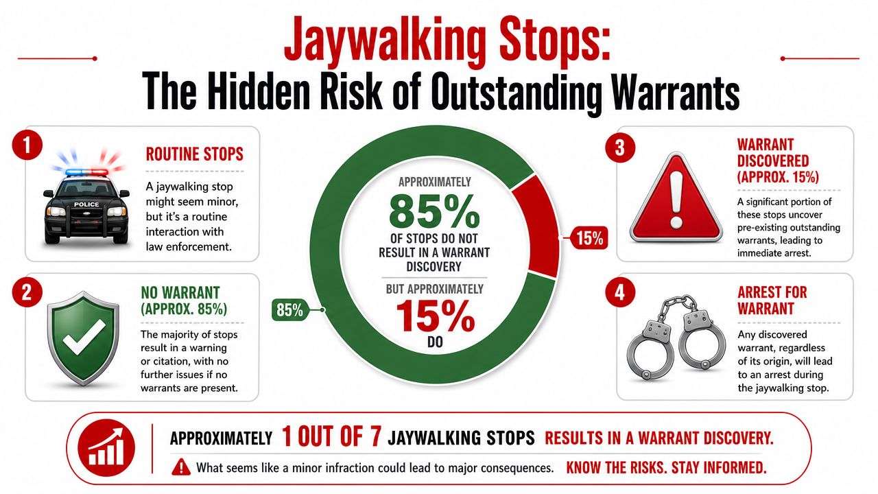 An infographic showing that 15% of jaywalking stops result in the discovery of an outstanding arrest warrant.