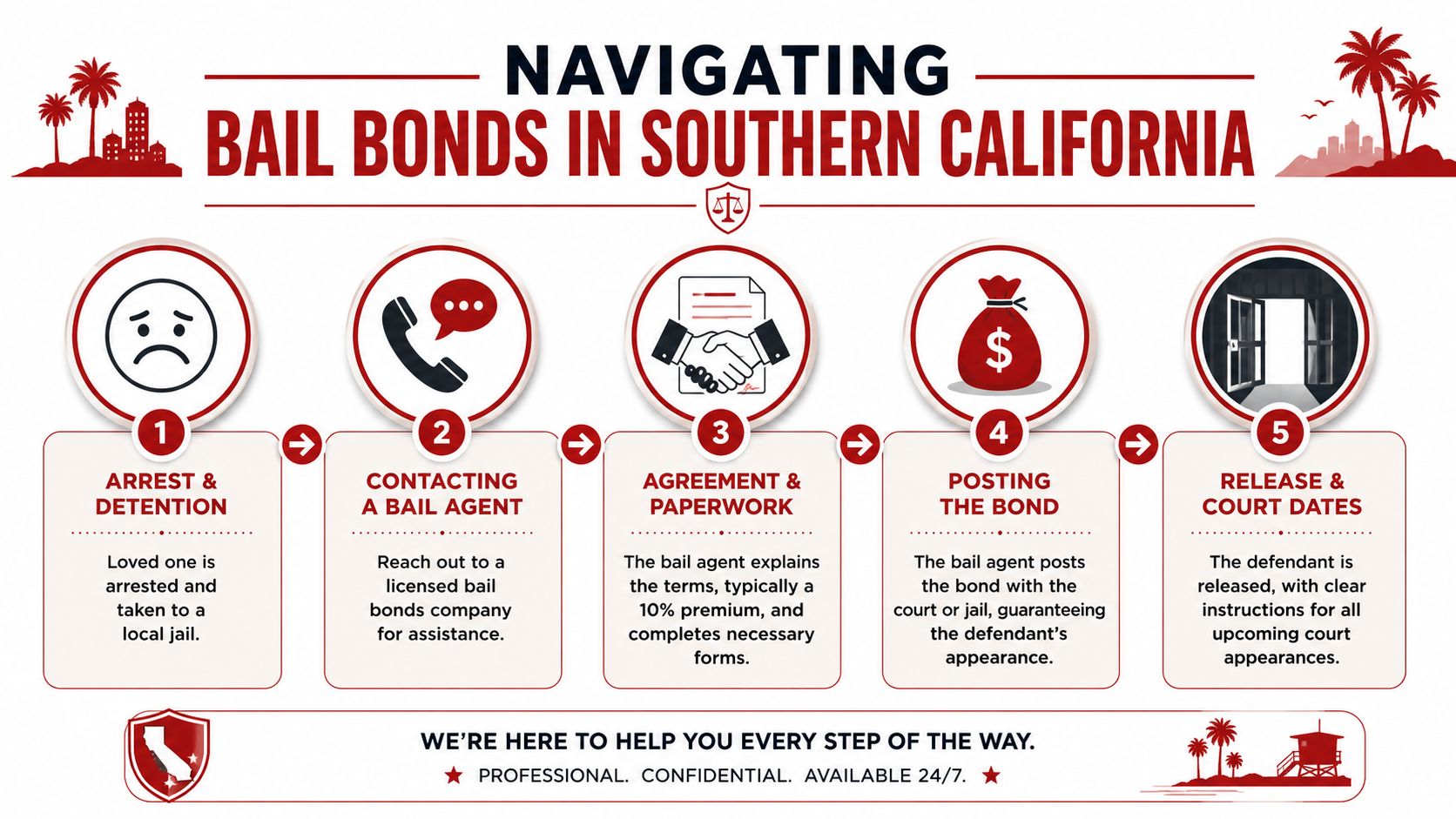 An infographic detailing the five-step process for navigating the bail bond procedure in Southern California.