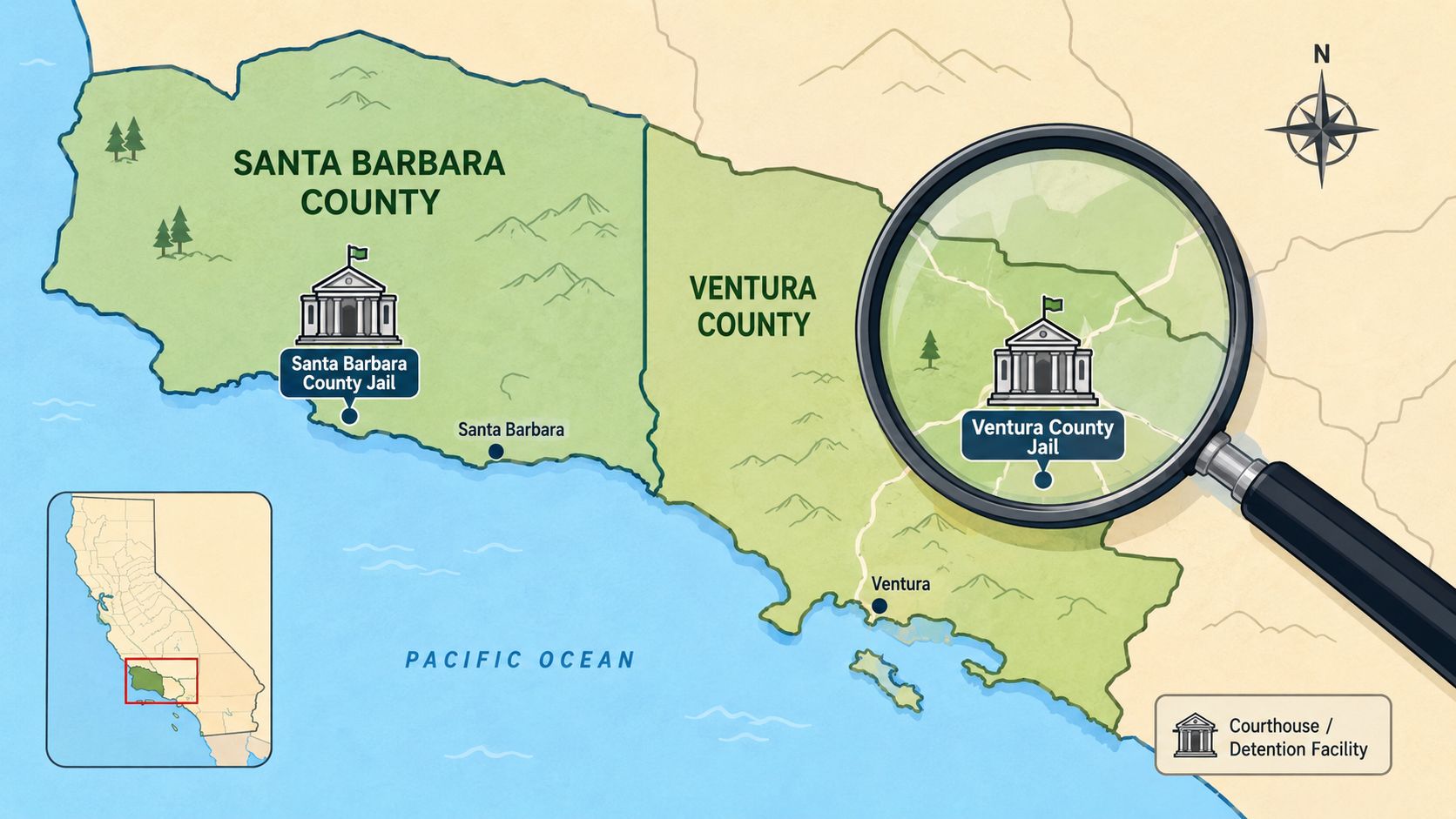 A map showing the Santa Barbara and Ventura County jail locations in California, highlighted for legal reference.