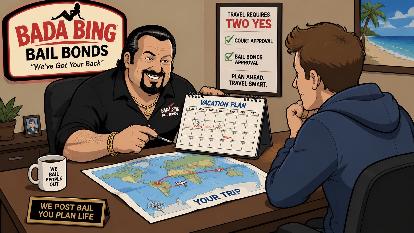 A bail bondsman sits at a desk discussing travel plans with a client, pointing at a calendar.