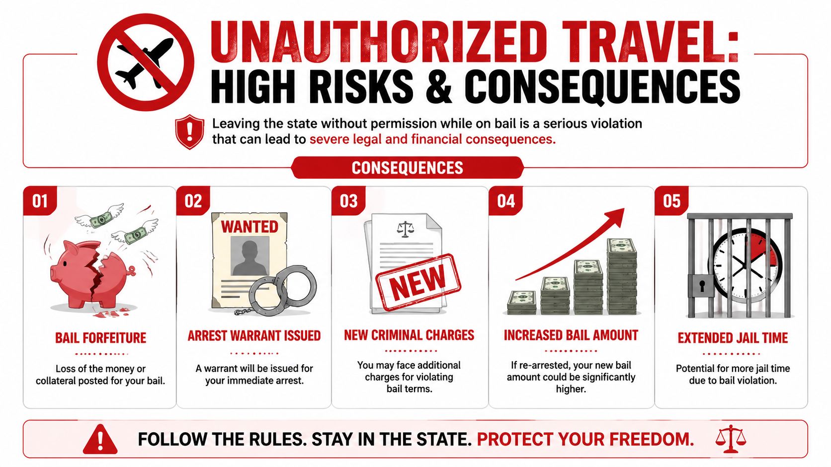 An infographic detailing the severe legal and financial risks of leaving the state while on bail.