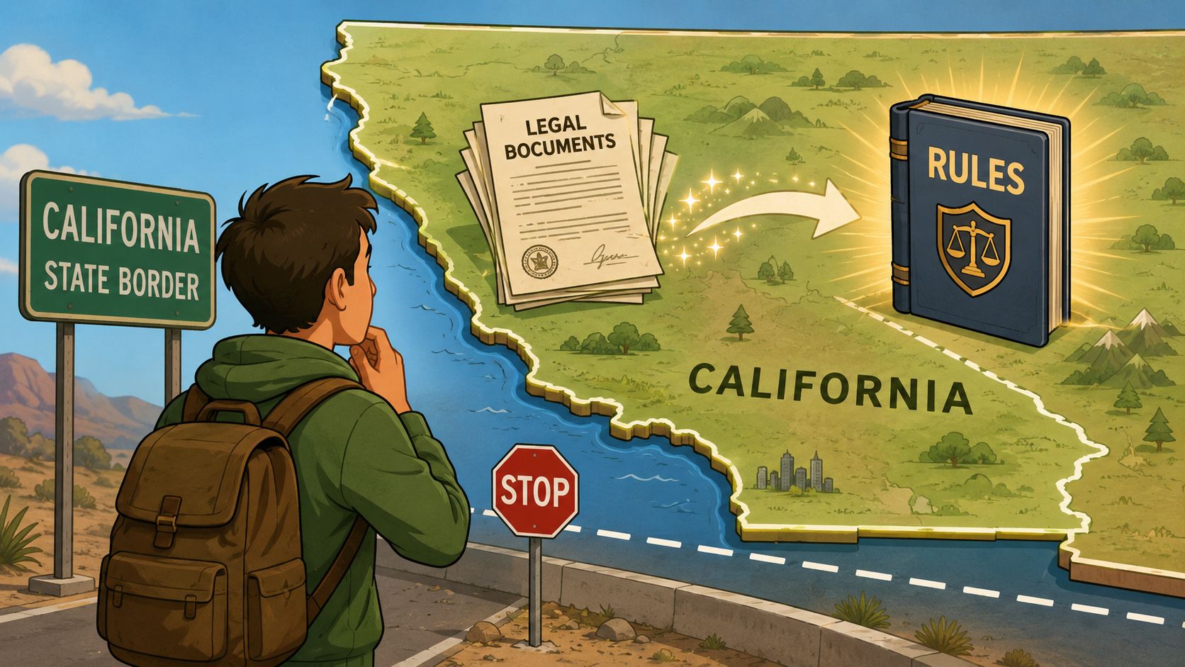 A person looking at a California state border sign while legal documents transform into a rulebook.