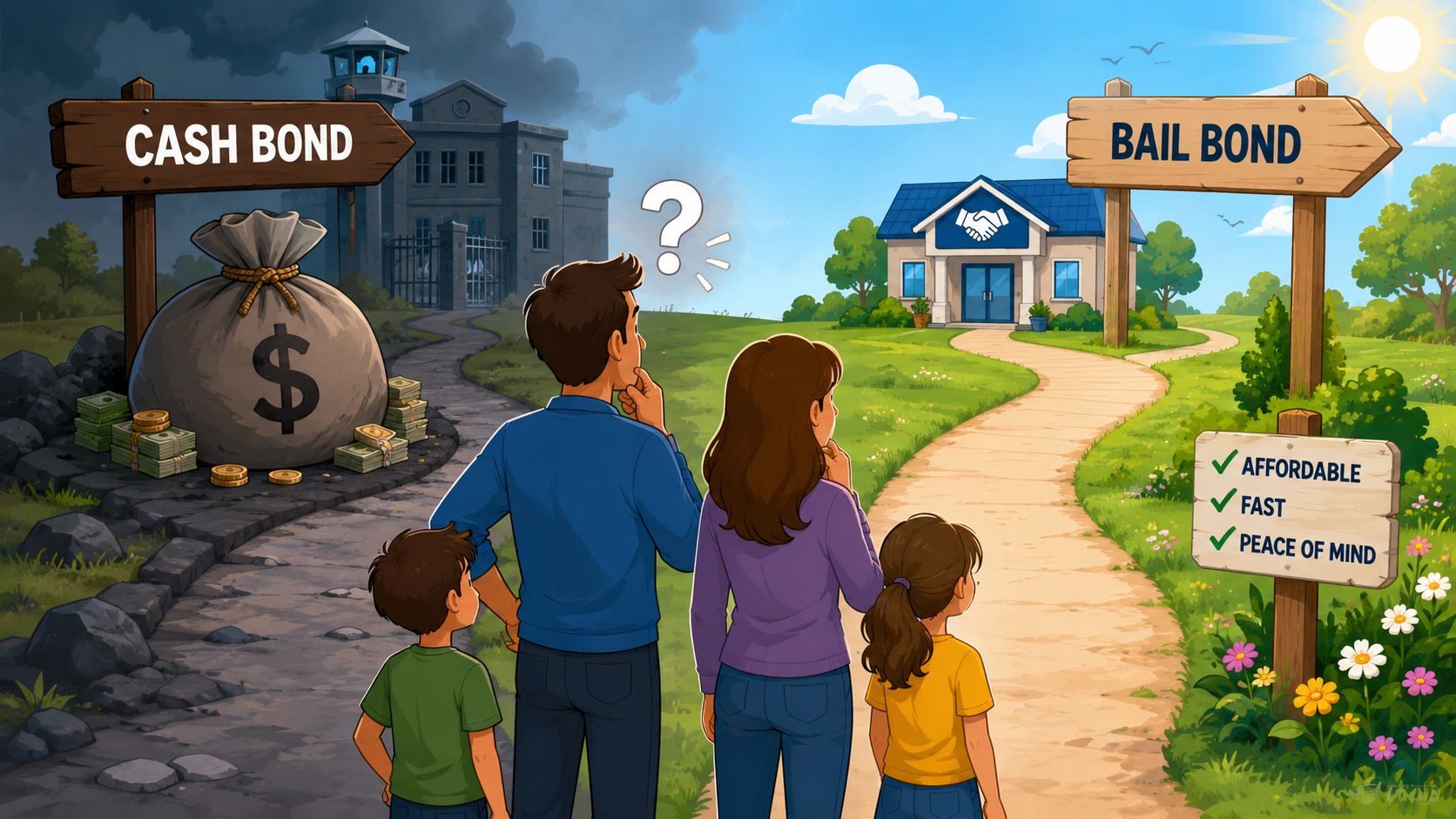 A family contemplating the choice between a difficult cash bond path and an easier bail bond option.
