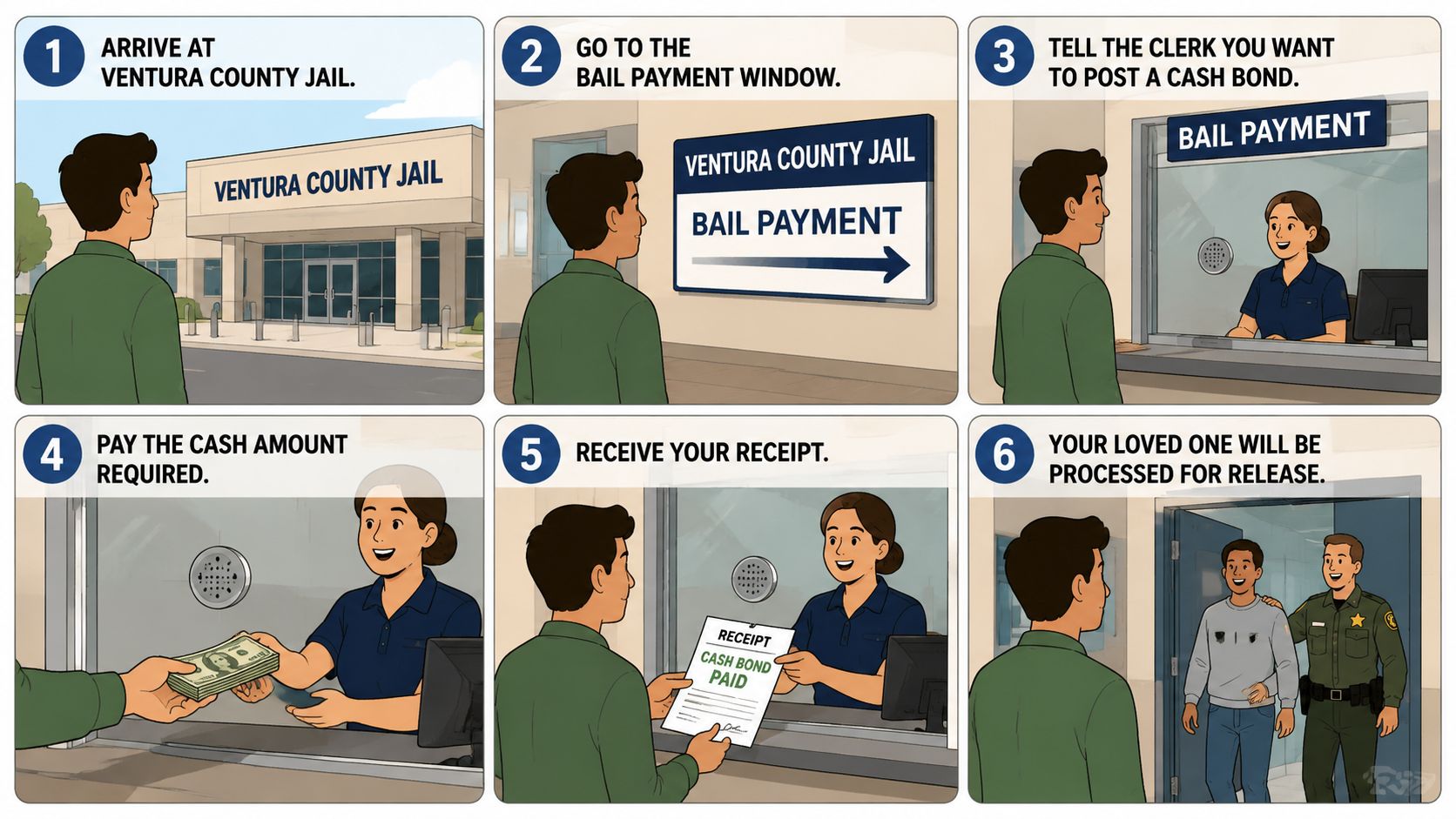 A six-step infographic illustrating the process of posting a cash bond at the Ventura County Jail.