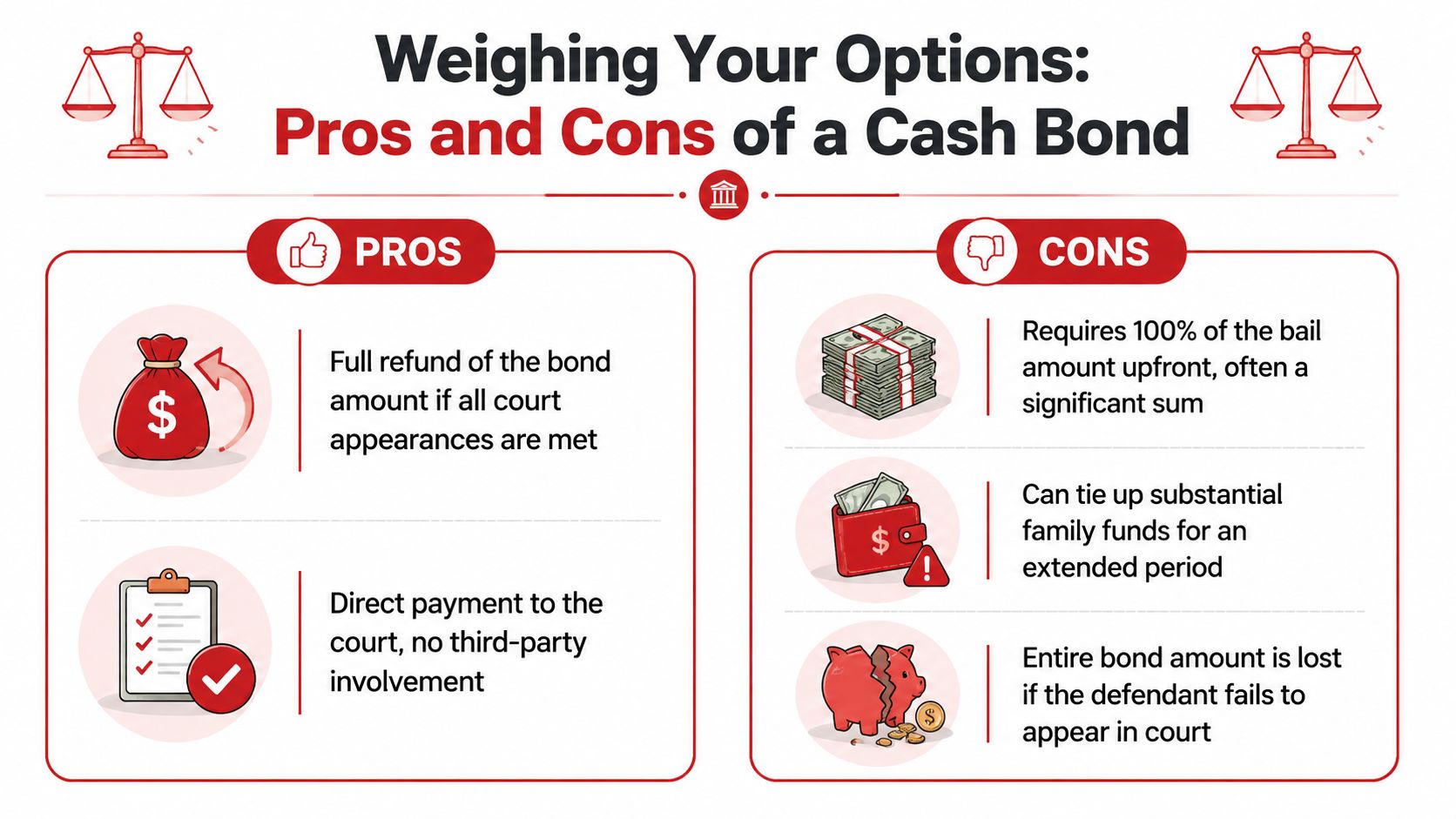 An infographic titled Weighing Your Options comparing the pros and cons of posting a cash bond.