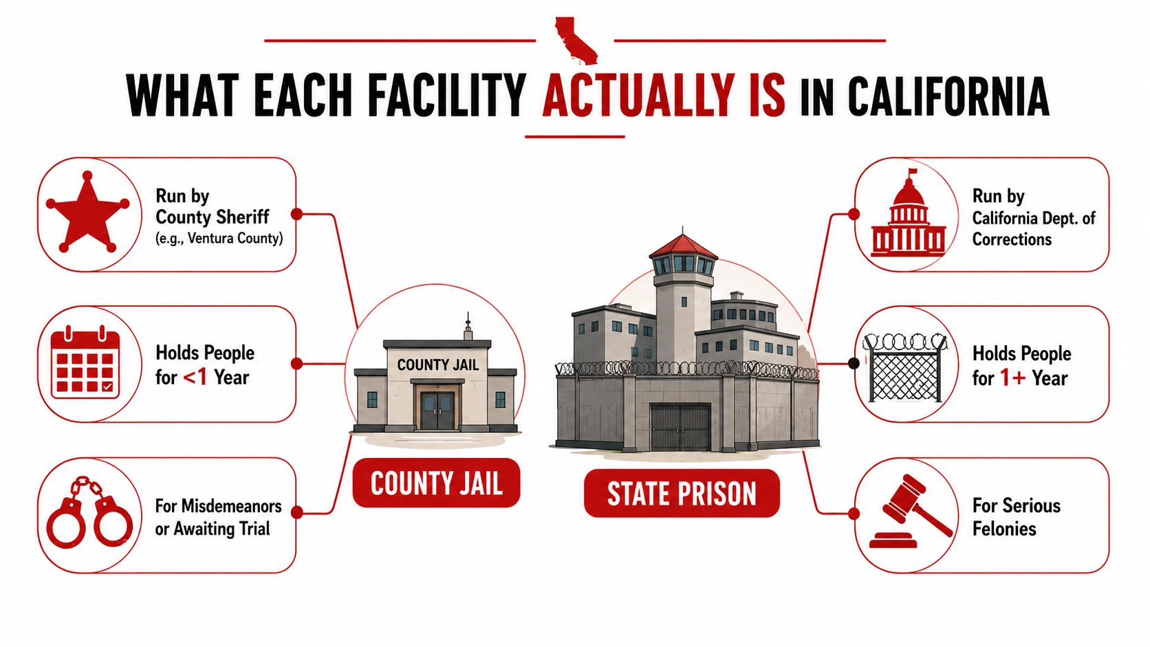 An infographic comparing the differences between a California county jail and a state prison facility.