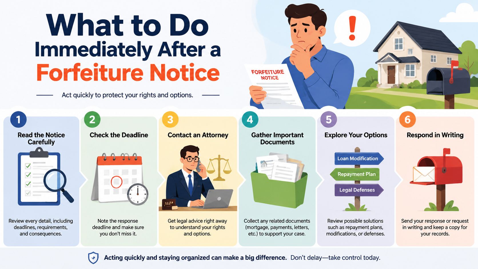 A step-by-step infographic explaining the essential actions to take immediately after receiving a property forfeiture notice.