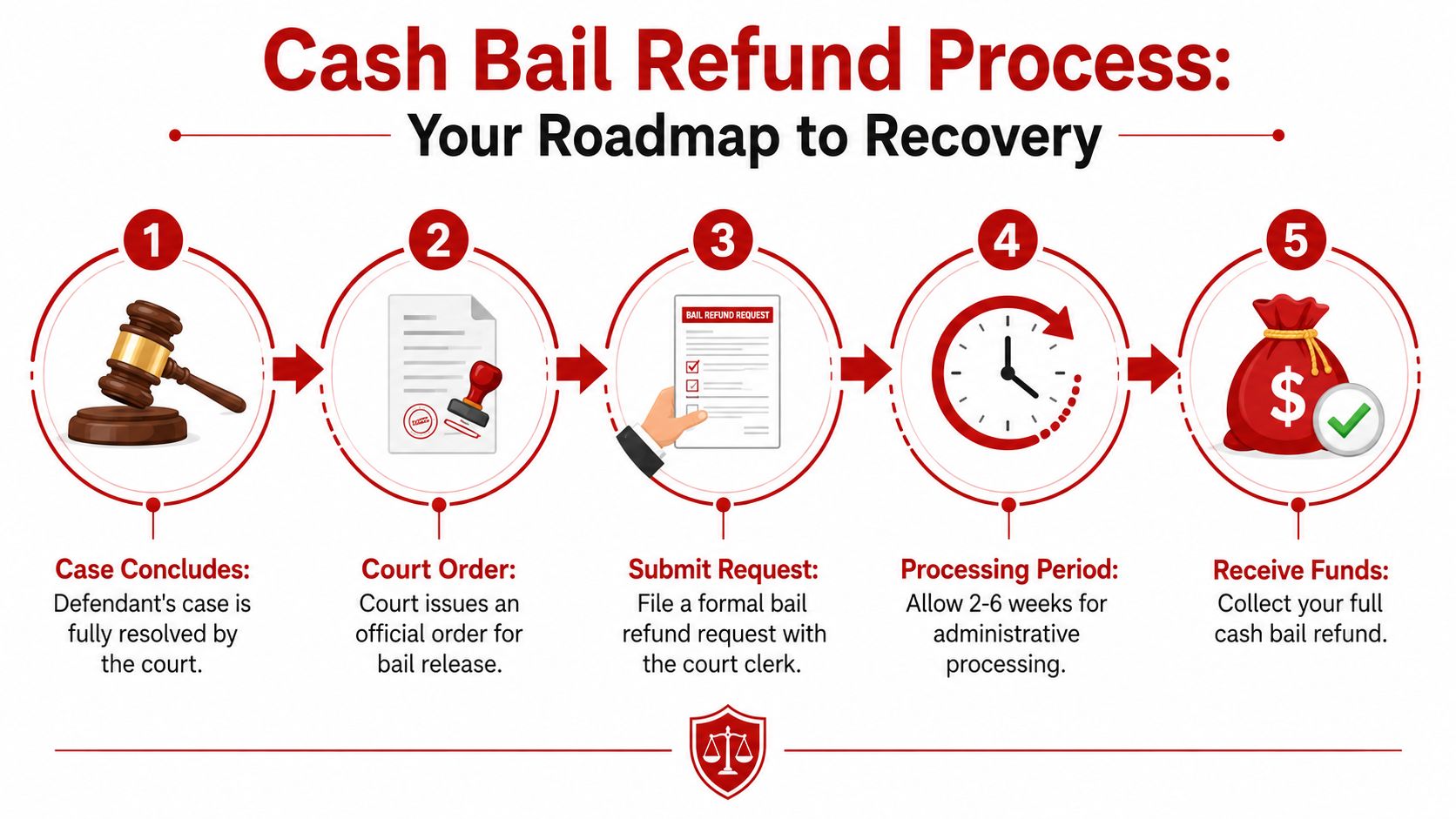 A five-step infographic explaining the process for receiving a cash bail refund after a court case concludes.