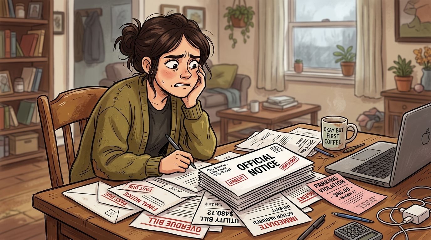 A stressed woman sits at a wooden table covered with official notices, overdue utility bills, and parking fines.