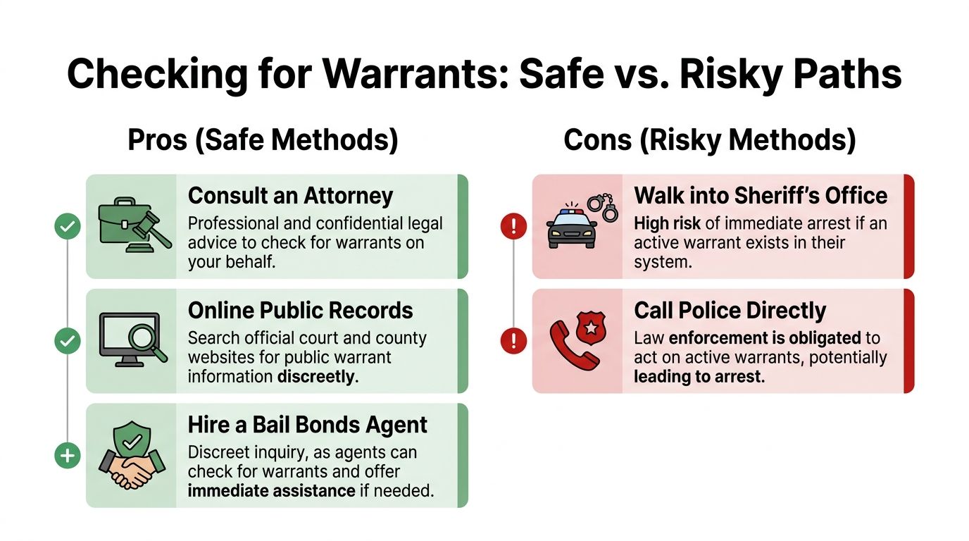 An infographic comparing safe and risky methods for checking if you have an active legal warrant.