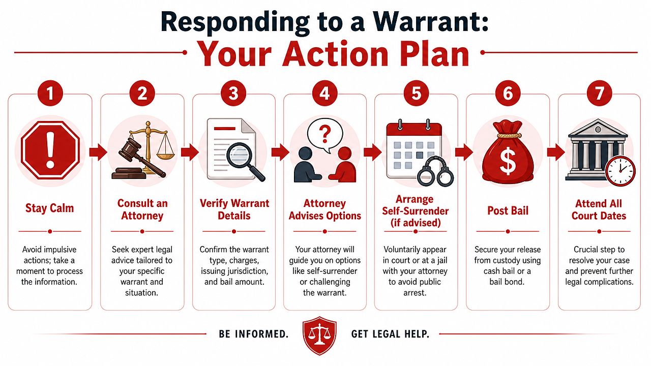 A step-by-step infographic titled Responding to a Warrant: Your Action Plan outlining seven legal steps.