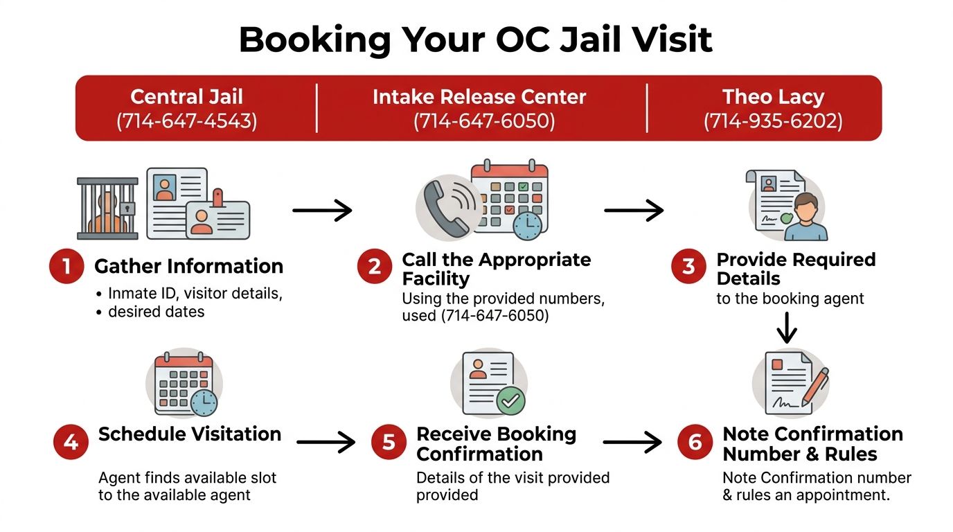 A step-by-step infographic illustrating the process for booking a jail visit in Orange County, California.
