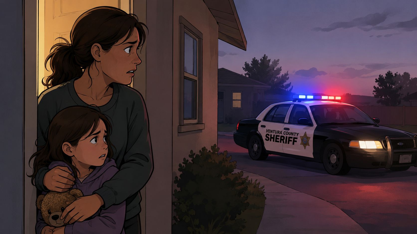 A concerned woman and a child holding a teddy bear watch a sheriff car outside their home.