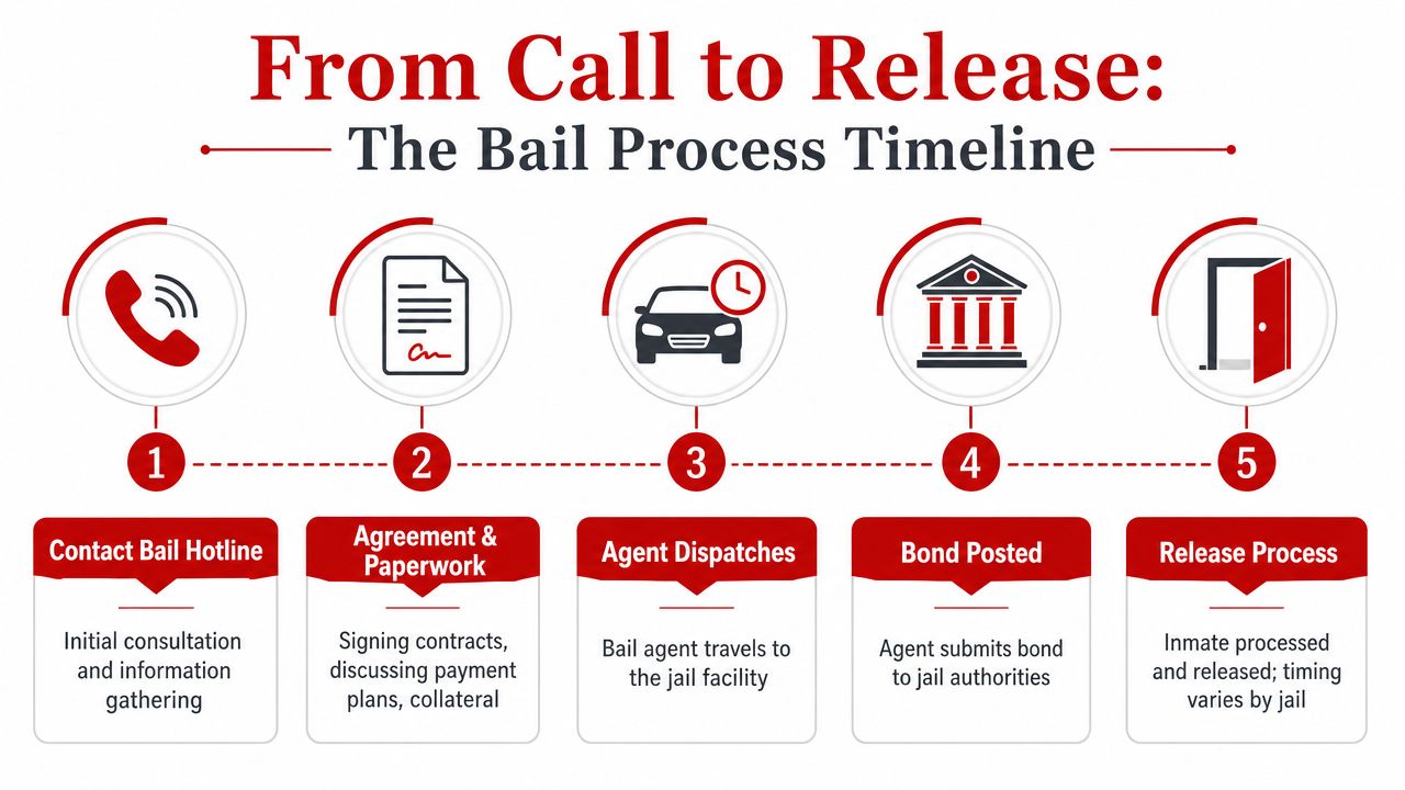 A five-step infographic showing the bail process from the initial hotline call to the inmate's release.