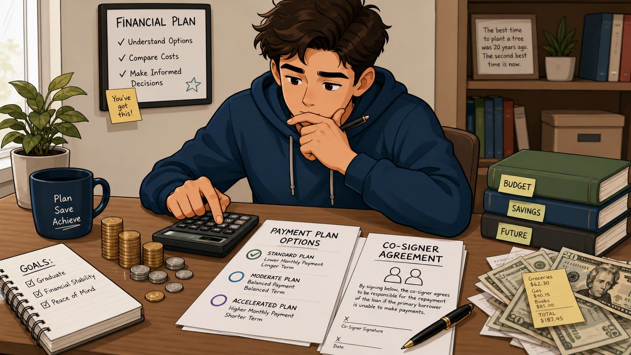 A focused student reviews financial payment options and loan agreements at a desk filled with money and books.