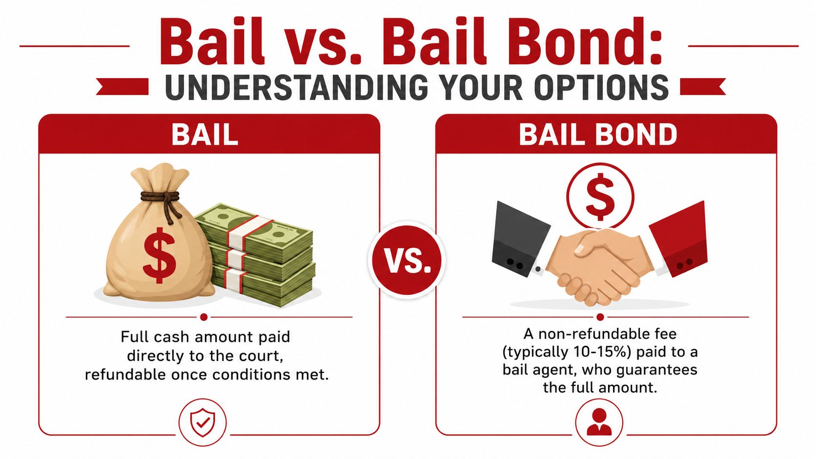 A comparison infographic explaining the difference between paying full court bail versus using a bail bond.