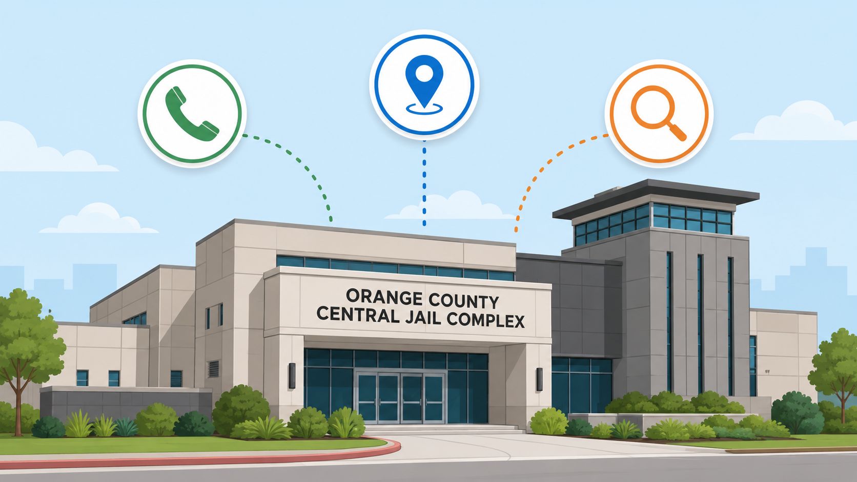 A digital illustration of the Orange County Central Jail Complex with icons for phone, location, and search.