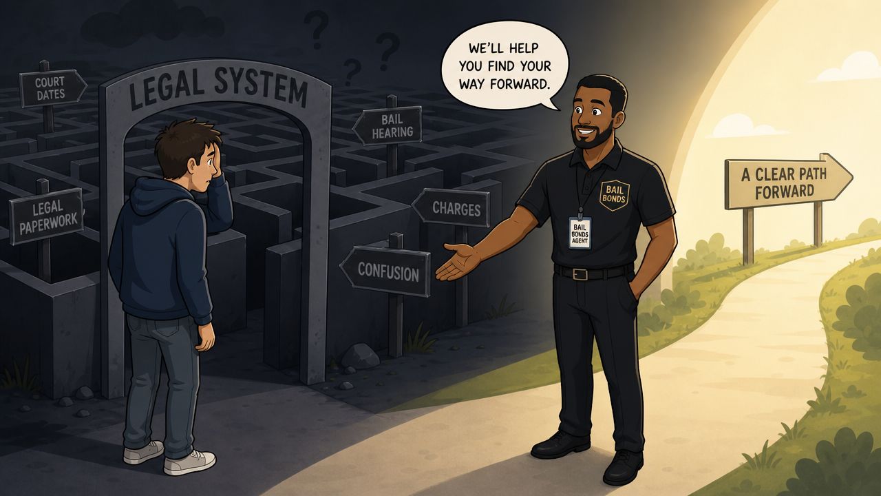 A bail bondsman helping a confused person leave a confusing legal system maze for a clear path.