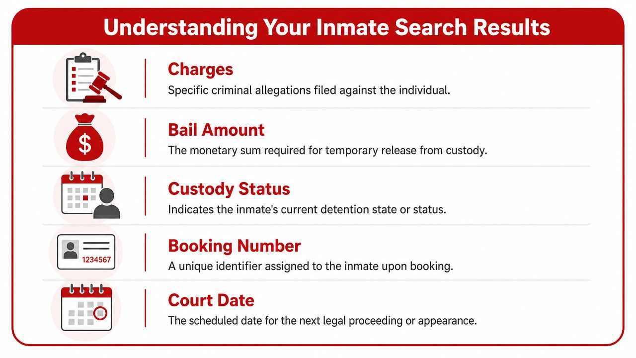 An infographic explaining common terms found in inmate search results, including charges, bail, status, and court dates.