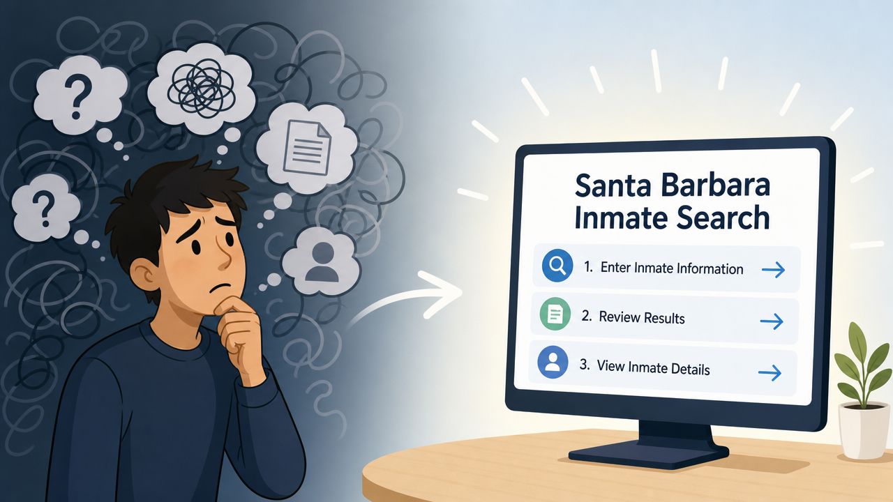 A confused person looking at a computer screen showing the Santa Barbara Inmate Search process.