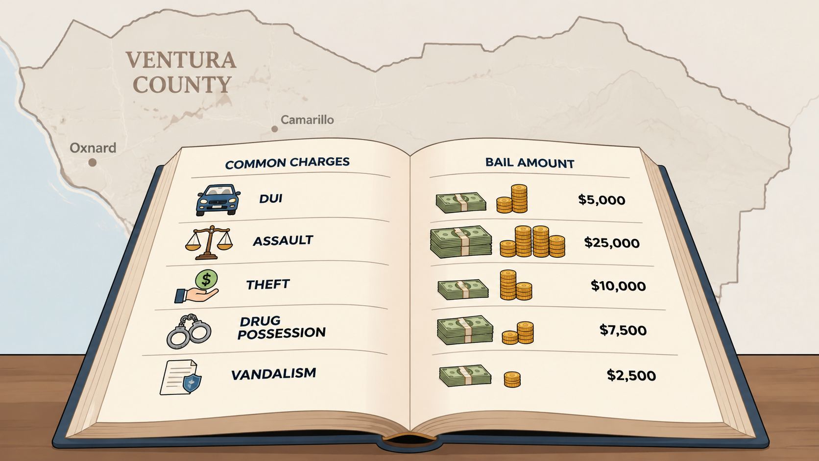An illustrated book showing common criminal charges in Ventura County and their associated bail amounts.
