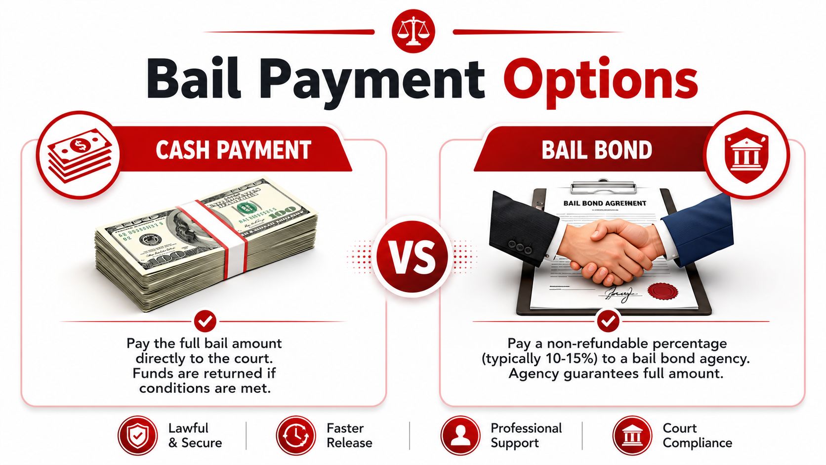A comparison infographic showing cash payment versus bail bond as two options for bail payment.