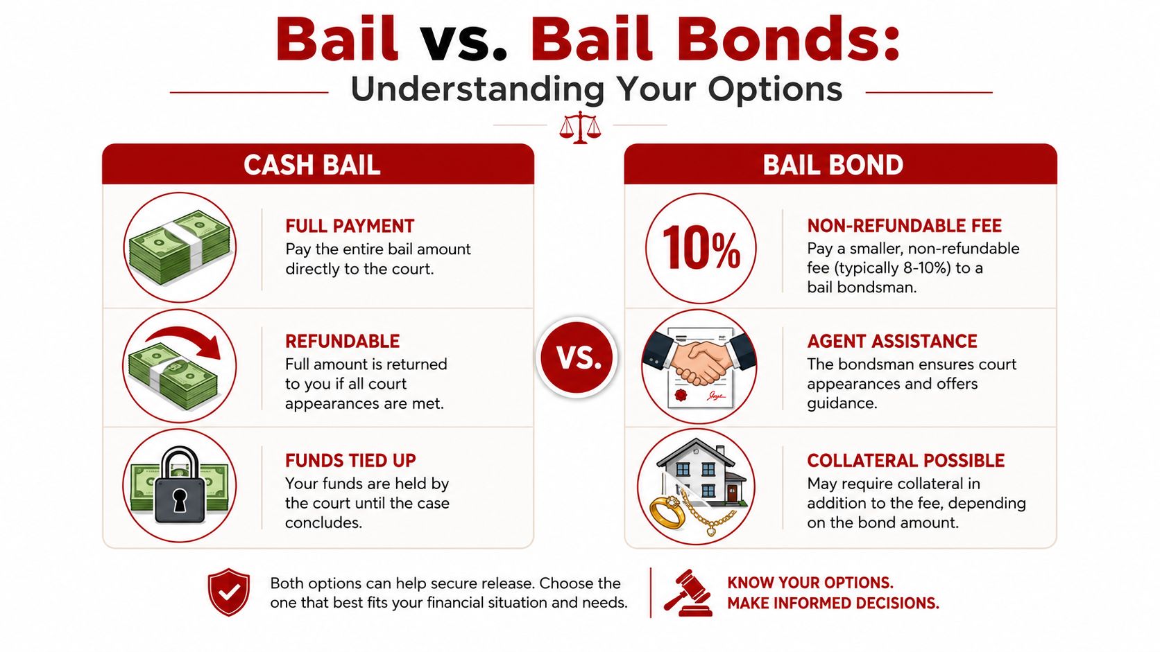An infographic comparing the differences between cash bail and bail bonds for court release procedures.