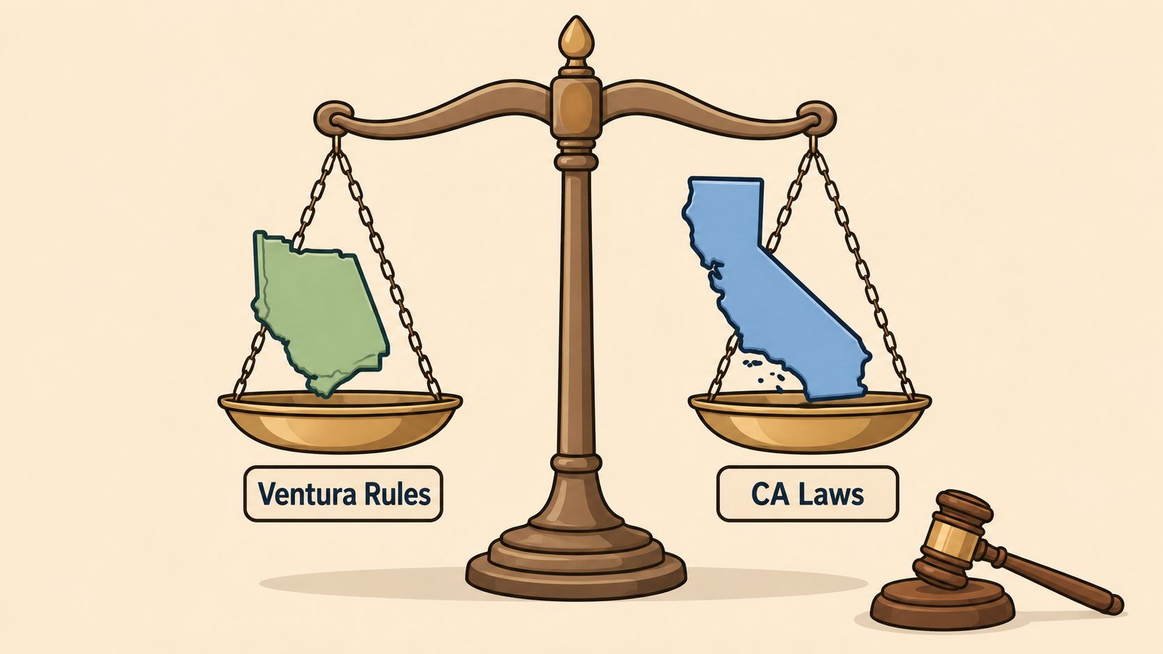 A courtroom scale balancing a green map of Ventura County against a blue map of California.