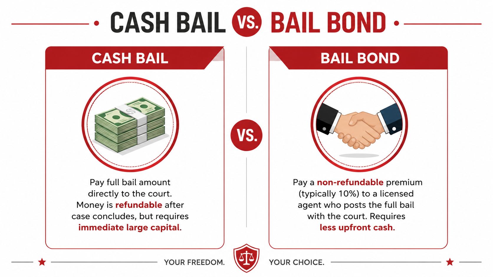 A comparison chart explaining the differences between paying cash bail directly or using a bail bond service.