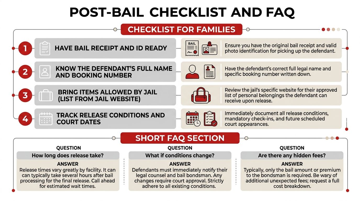 An infographic detailing the post-bail checklist for families and answering frequently asked questions about defendant release processes.