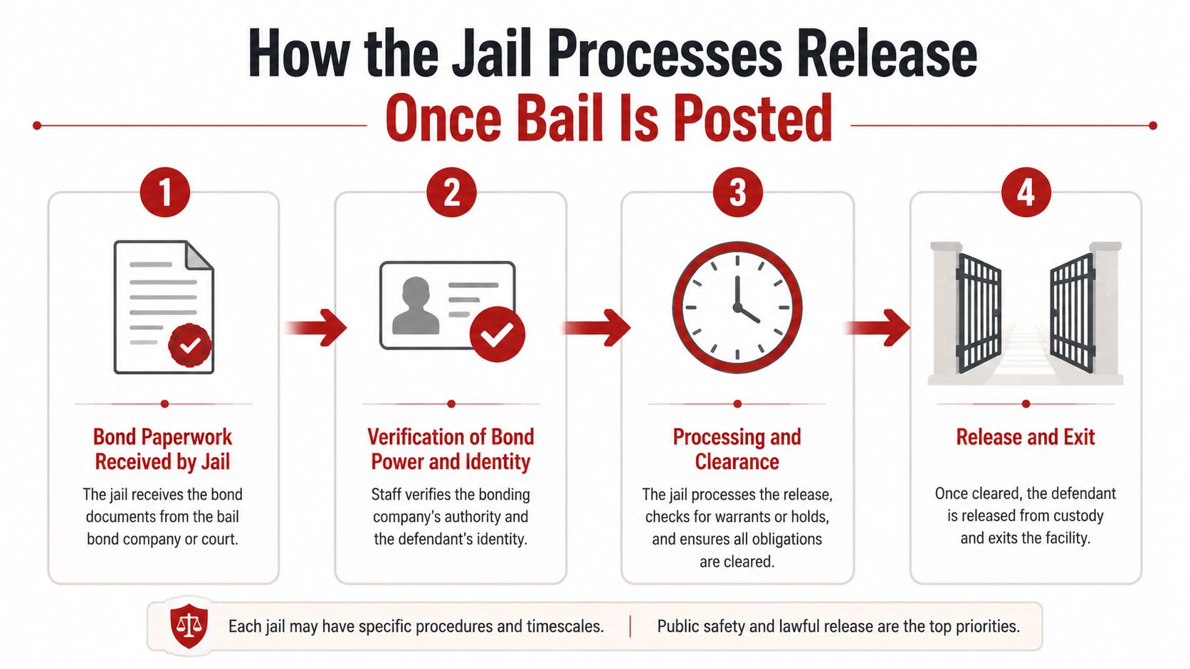 A flowchart detailing the four-step process for a defendant's release from jail after bail is posted.