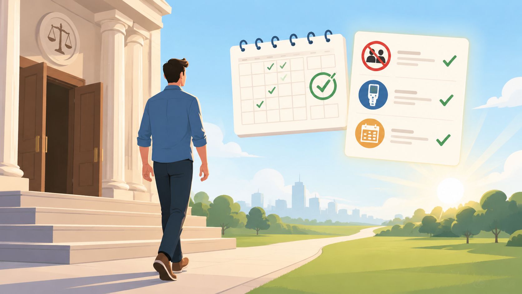 A man walking toward a courthouse with a checklist and calendar showing completed bail requirements.