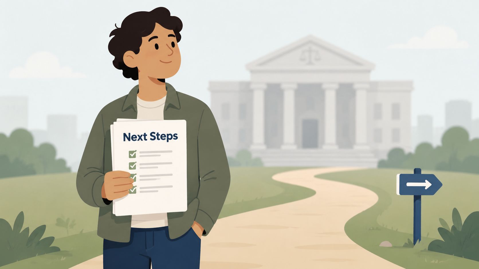 A cartoon illustration of a person holding a Next Steps document in front of a courthouse.