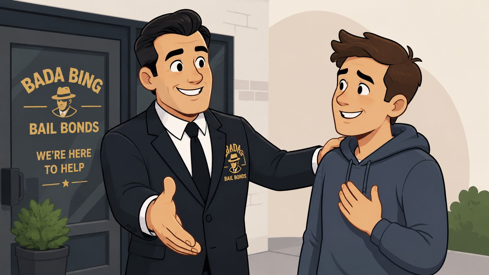 A professional bail bondsman in a suit shaking hands with a young man outside an office building.