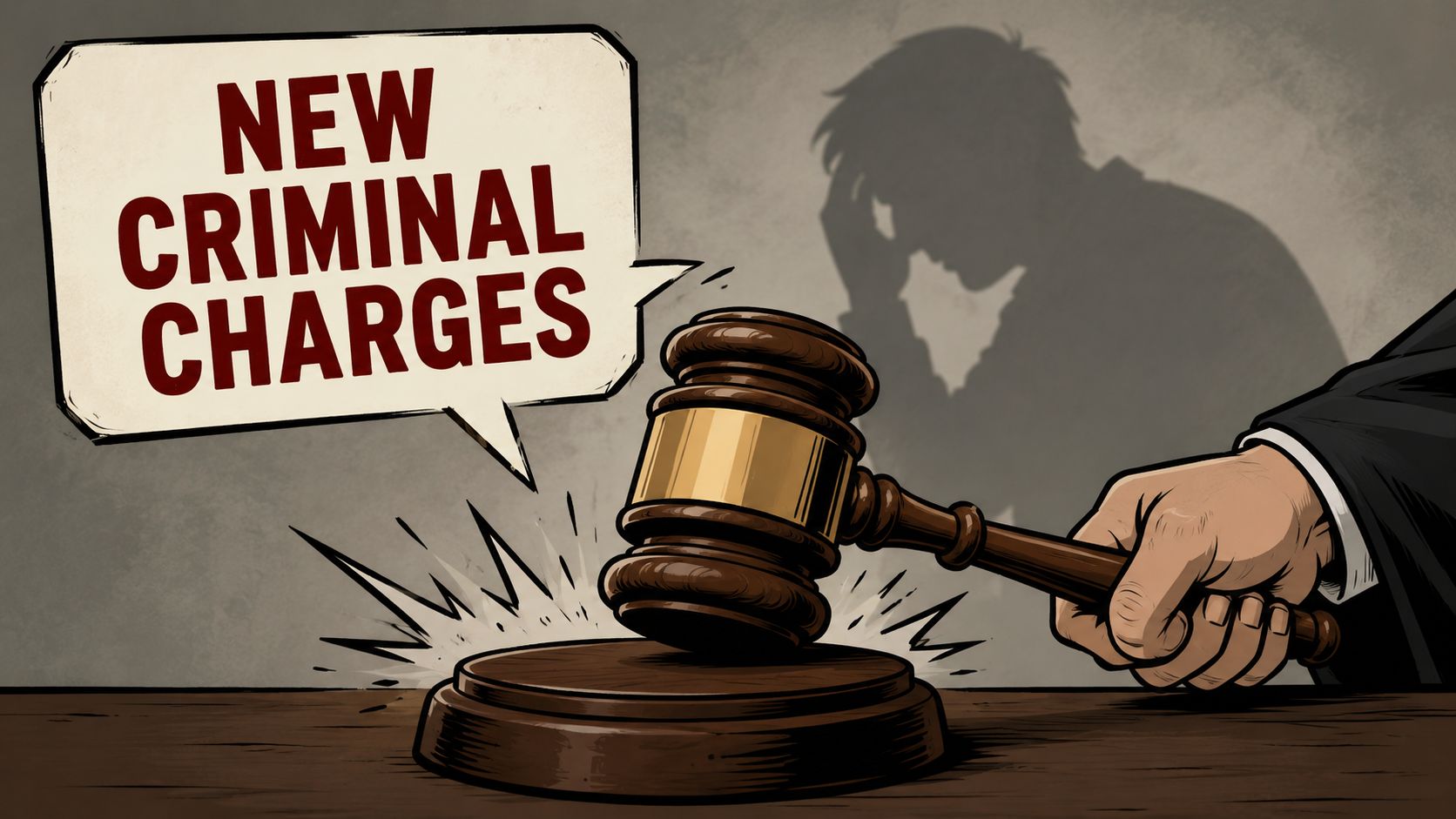 A judge's gavel striking a sounding block with a speech bubble that reads NEW CRIMINAL CHARGES.