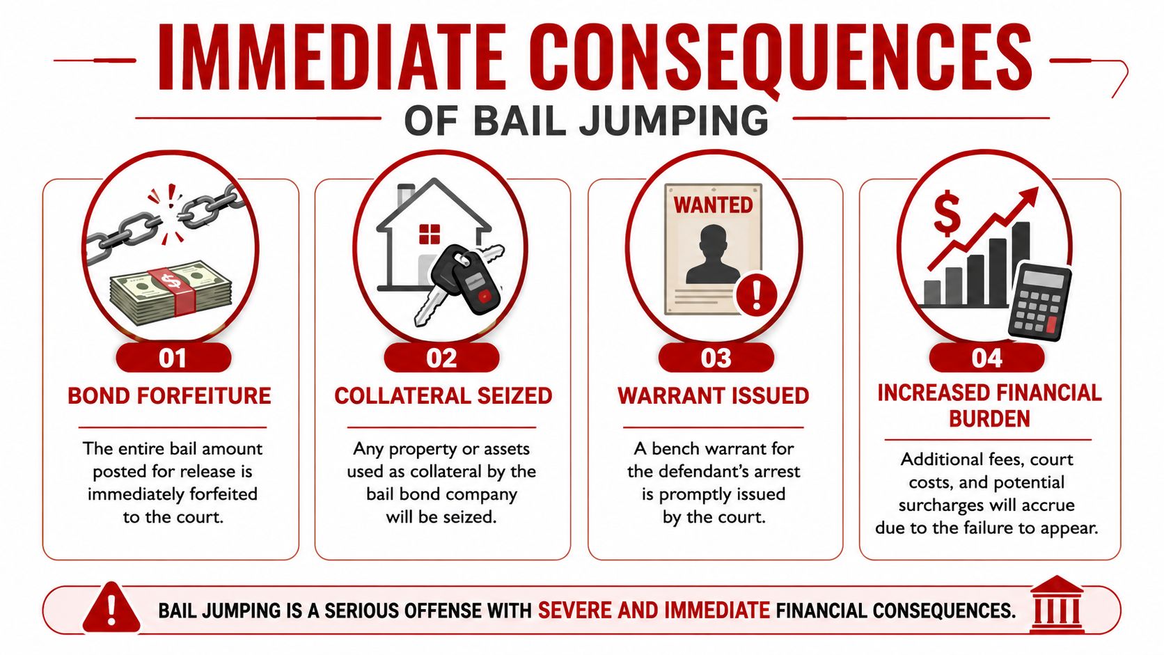 An infographic detailing the immediate negative consequences of bail jumping, including financial, legal, and property risks.