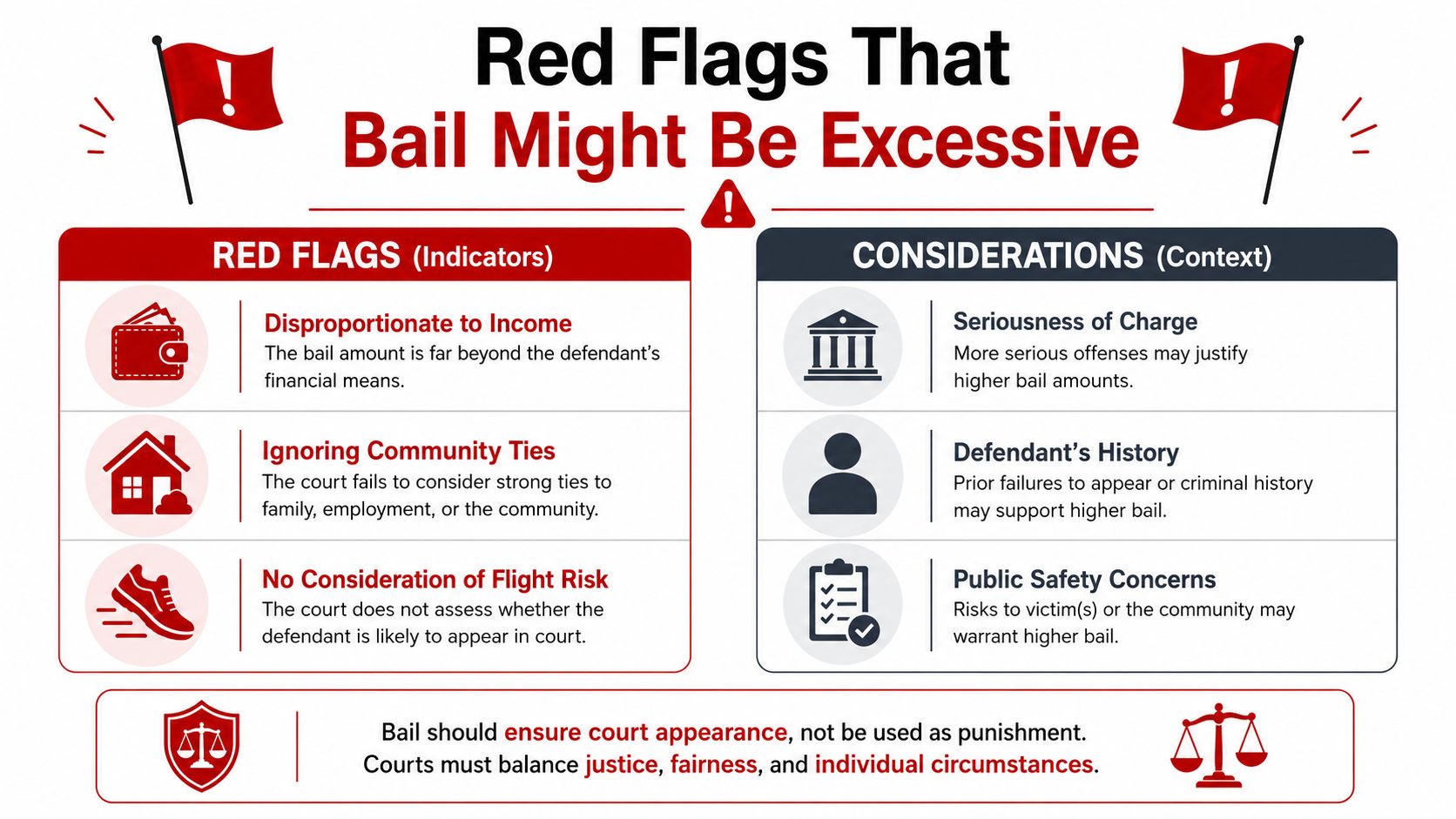 An infographic detailing red flags that indicate when a set bail amount might be considered excessive.