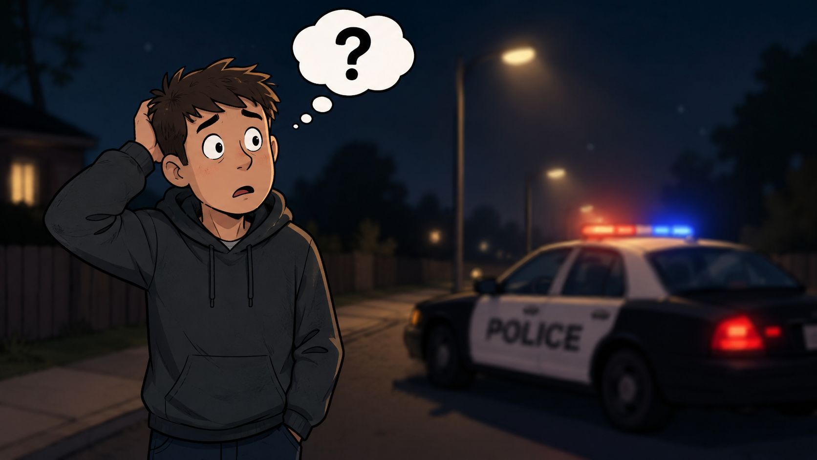 A confused young man standing on a street at night with a police car parked nearby.