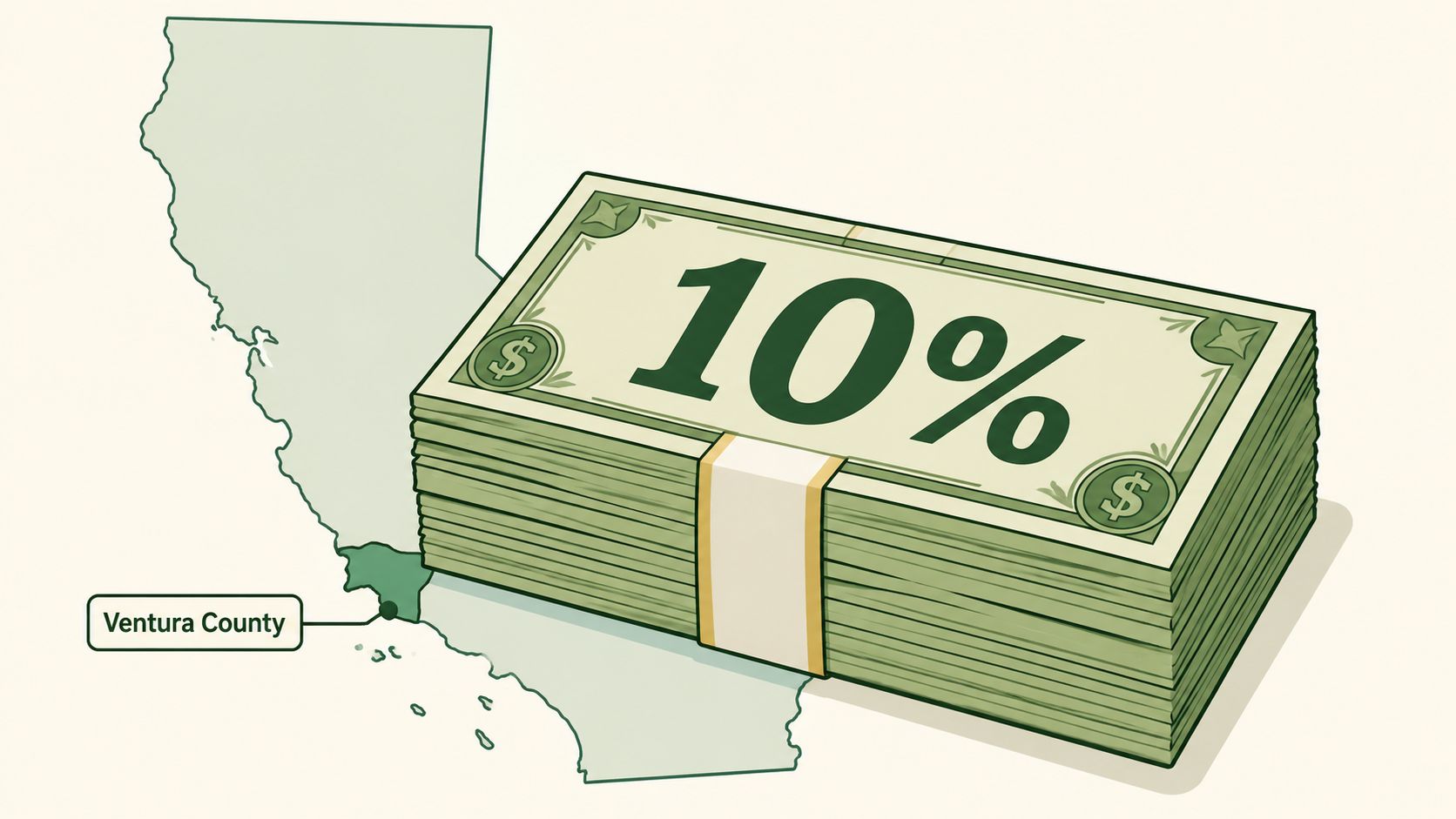 A map of California highlighting Ventura County next to a thick stack of money showing 10 percent.