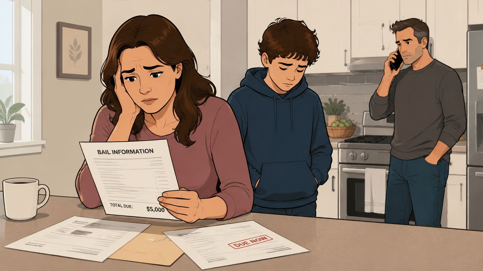 A worried family looking at bail information documents with a five thousand dollar total due balance.