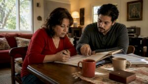 Family reviewing bail reduction documents at home