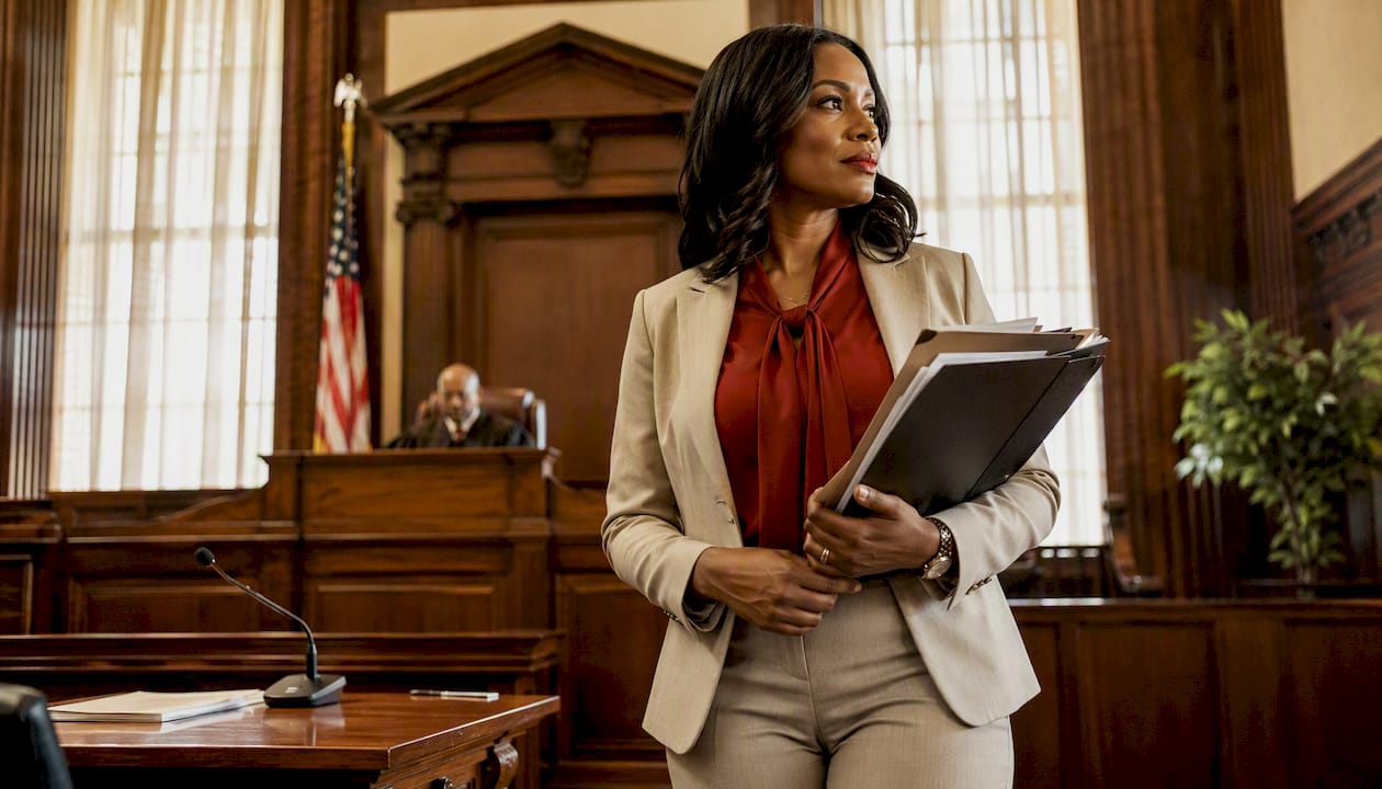 Woman standing in courtroom with legal folder