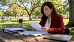 Attorney reviewing bail exoneration documents in courtroom
