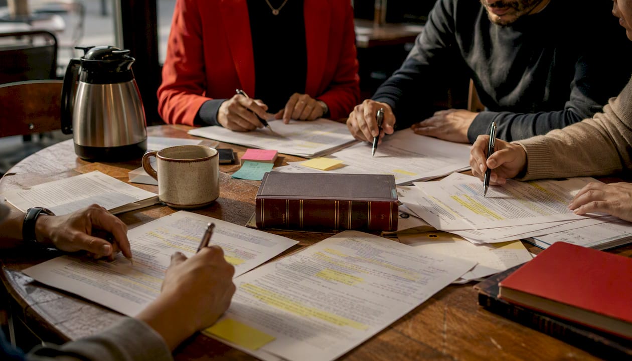 Hands analyzing California legal statutes on desk