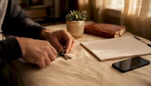 Hands organizing bail bond papers and keys