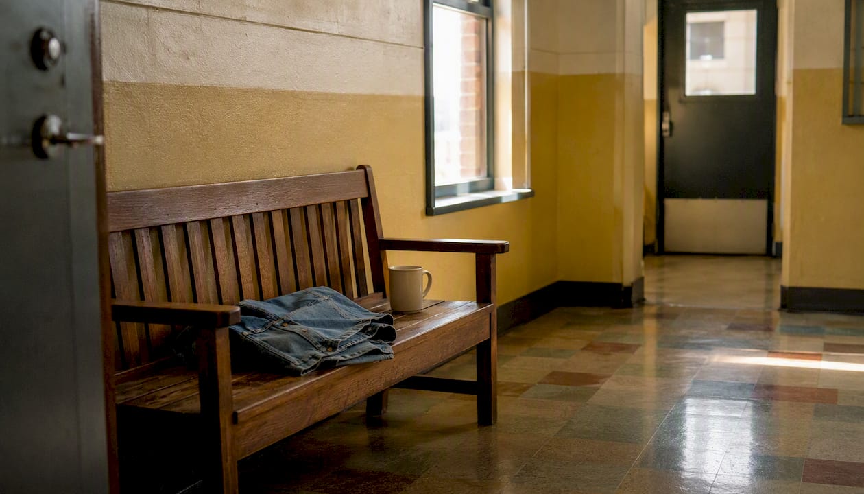 Detention release waiting bench with personal items