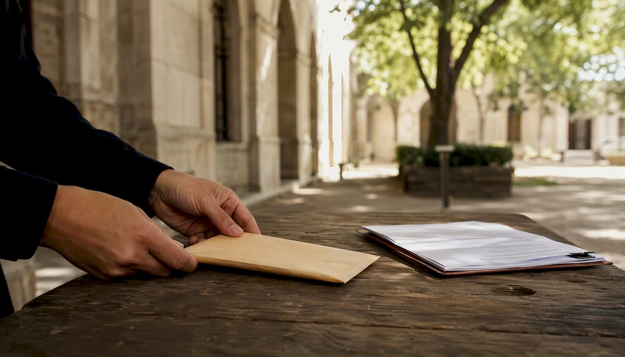 Hands placing bail payment envelope