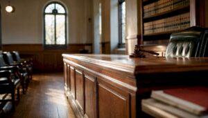 Judge's bench and gavel in courtroom