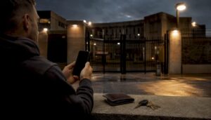 County jail entrance with phone calling bail agent