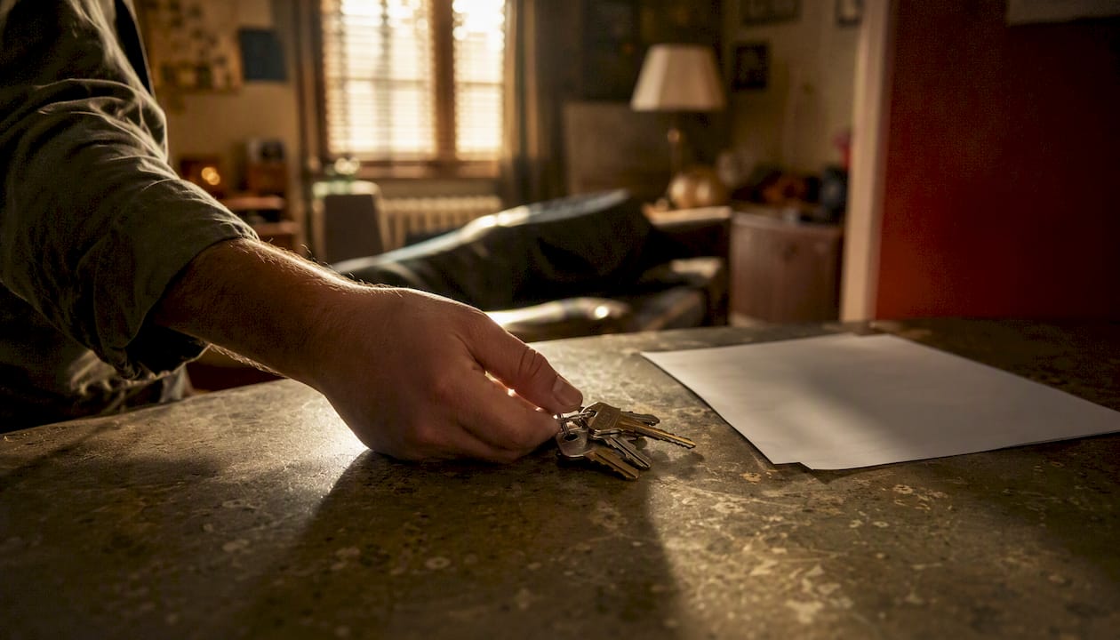 Hand placing keys on a table with deed document